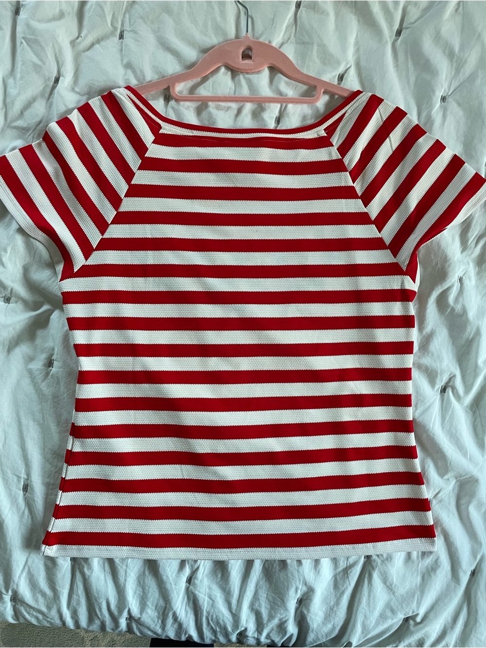 Anthropologie Red White Striped Maeve Embroidered Flowers Scoop-Neck Tee Top - Picture 2 of 3